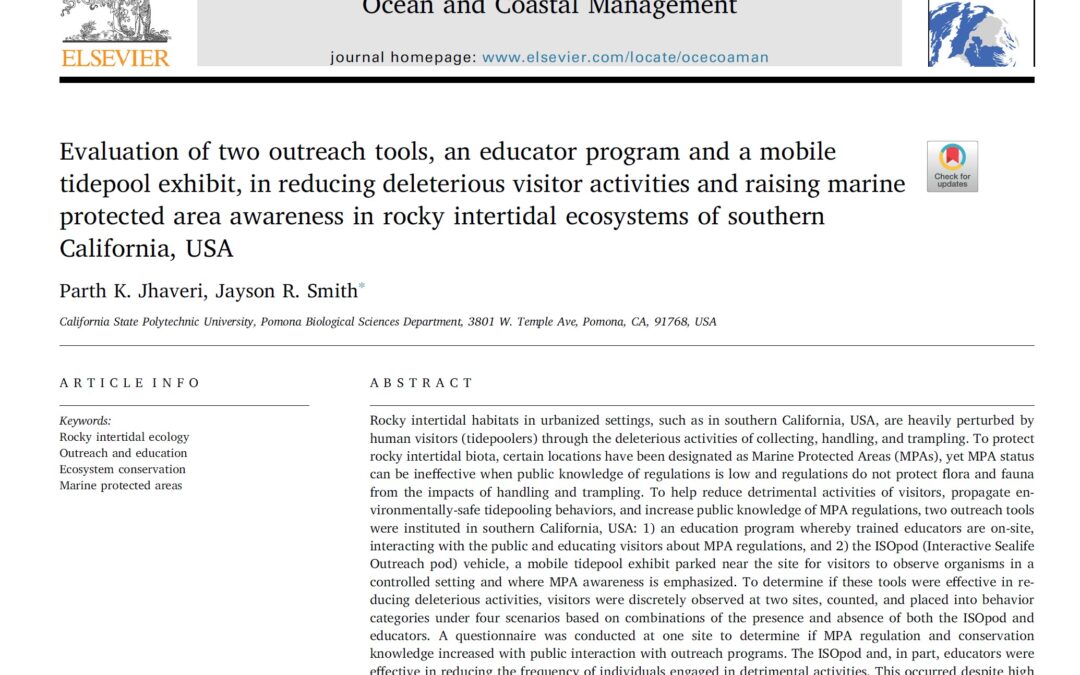 Evaluation of two outreach tools, an educator program and a mobile tidepool exhibit, in reducing deleterious visitor activities and raising marine protected area awareness in rocky intertidal ecosystems of southern California, USA