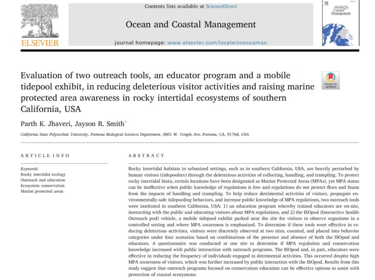 Evaluation of two outreach tools, an educator program and a mobile tidepool exhibit, in reducing deleterious visitor activities and raising marine protected area awareness in rocky intertidal ecosystems of southern California, USA