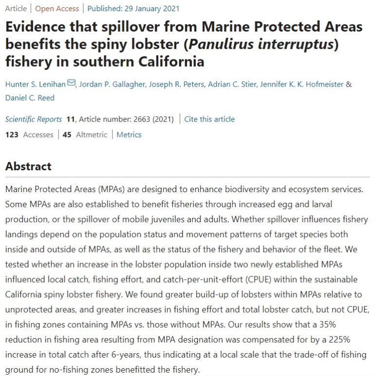 Evidence that spillover from Marine Protected Areas benefits the spiny lobster (Panulirus interruptus) fishery in southern California
