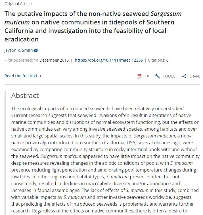 The putative impacts of the non‐native seaweed Sargassum muticum on native communities in tidepools of Southern California and investigation into the feasibility of local eradication