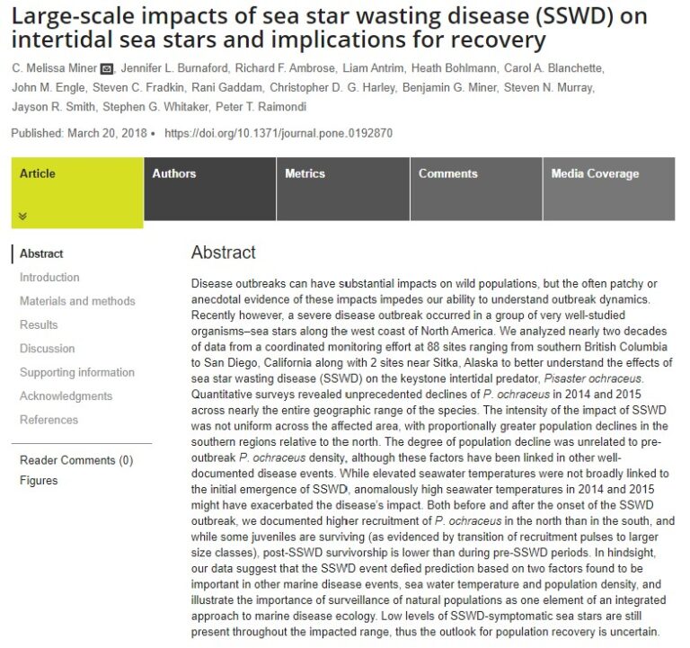 Large-scale impacts of sea star wasting disease (SSWD) on intertidal sea stars and implications for recovery.
