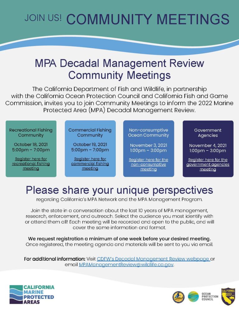 MPA Decadal Management Review Community Meeting – Commercial fishing, collectors/harvesters, processors, and associated interests