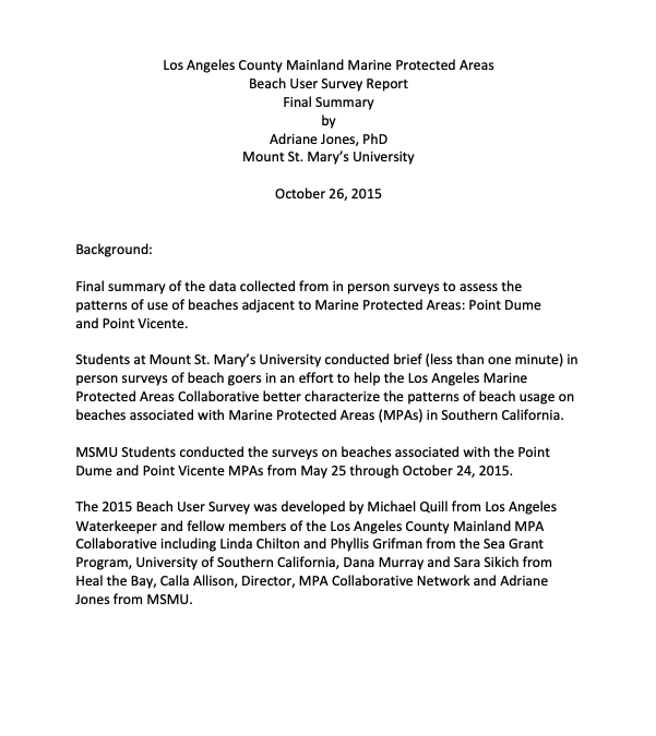 Los Angeles County Mainland Marine Protected Areas Beach User Survey Report