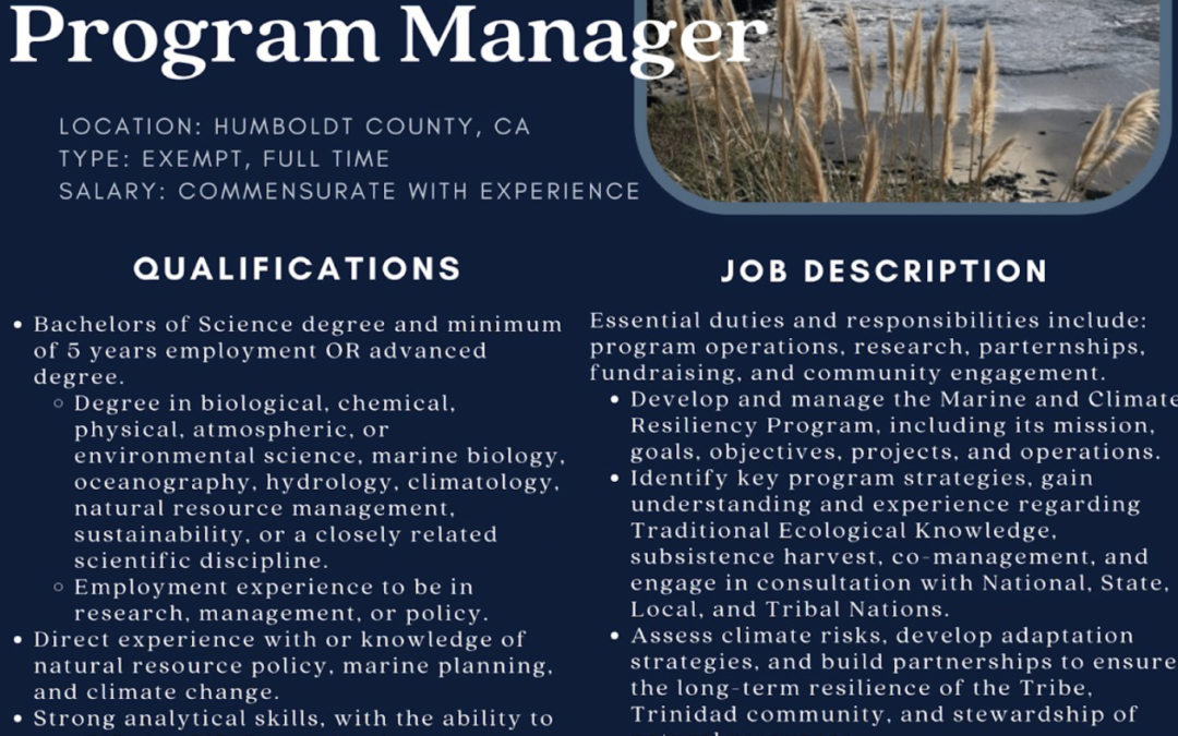 Trinidad Rancheria is hiring a Marine & Climate Resiliency Program Manager