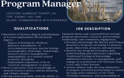 Trinidad Rancheria is hiring a Marine & Climate Resiliency Program Manager