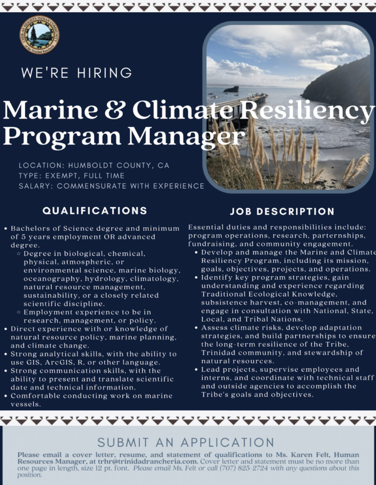 Trinidad Rancheria is hiring a Marine & Climate Resiliency Program Manager